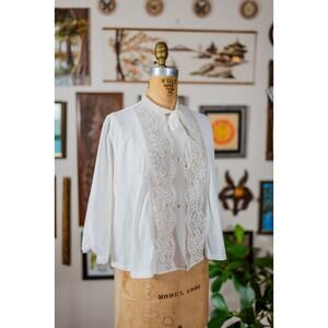 Vintage 50s Bedjacket by Rogers, White Sheer Nylon Lace, Lingerie, Coquette, LG